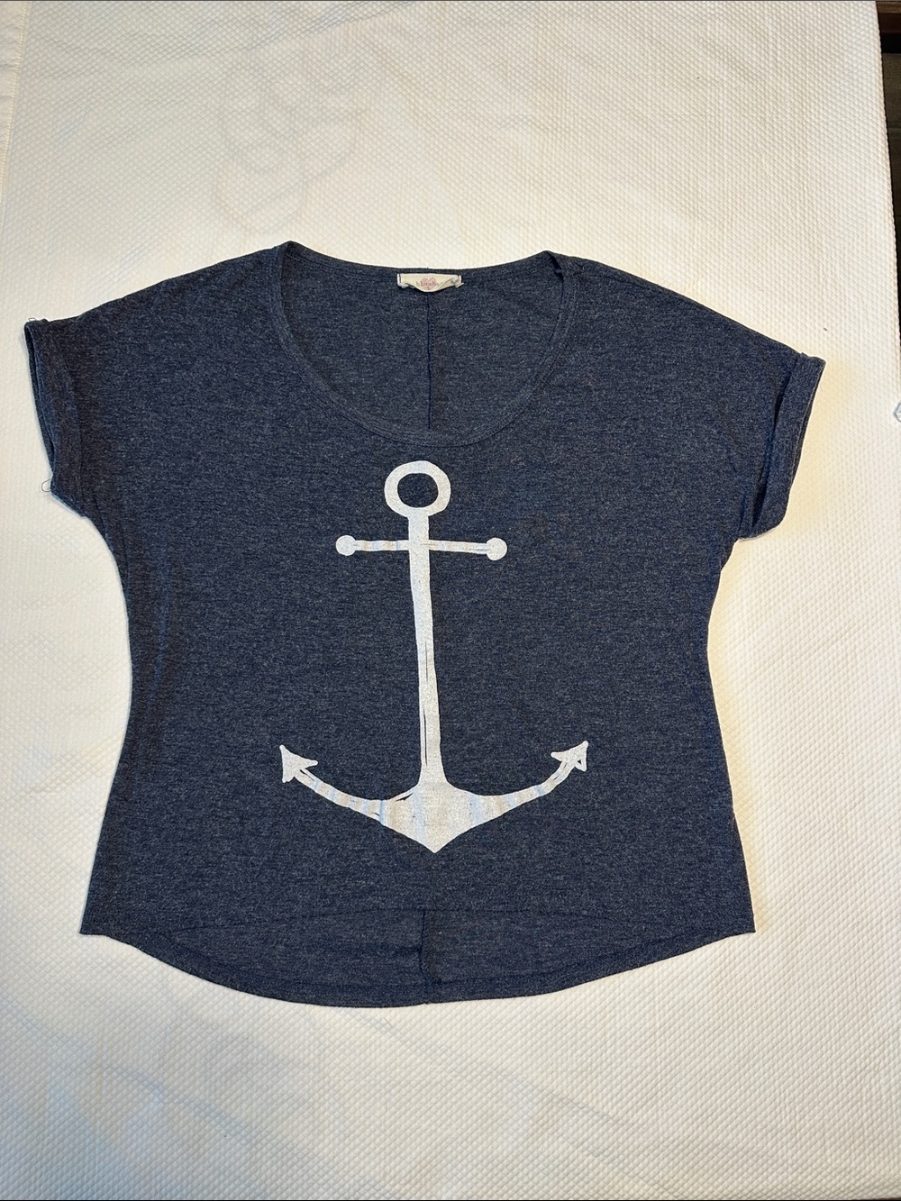 Blushed Anchor Graphic Tee Navy Blue Short Sleeve Top Size Large